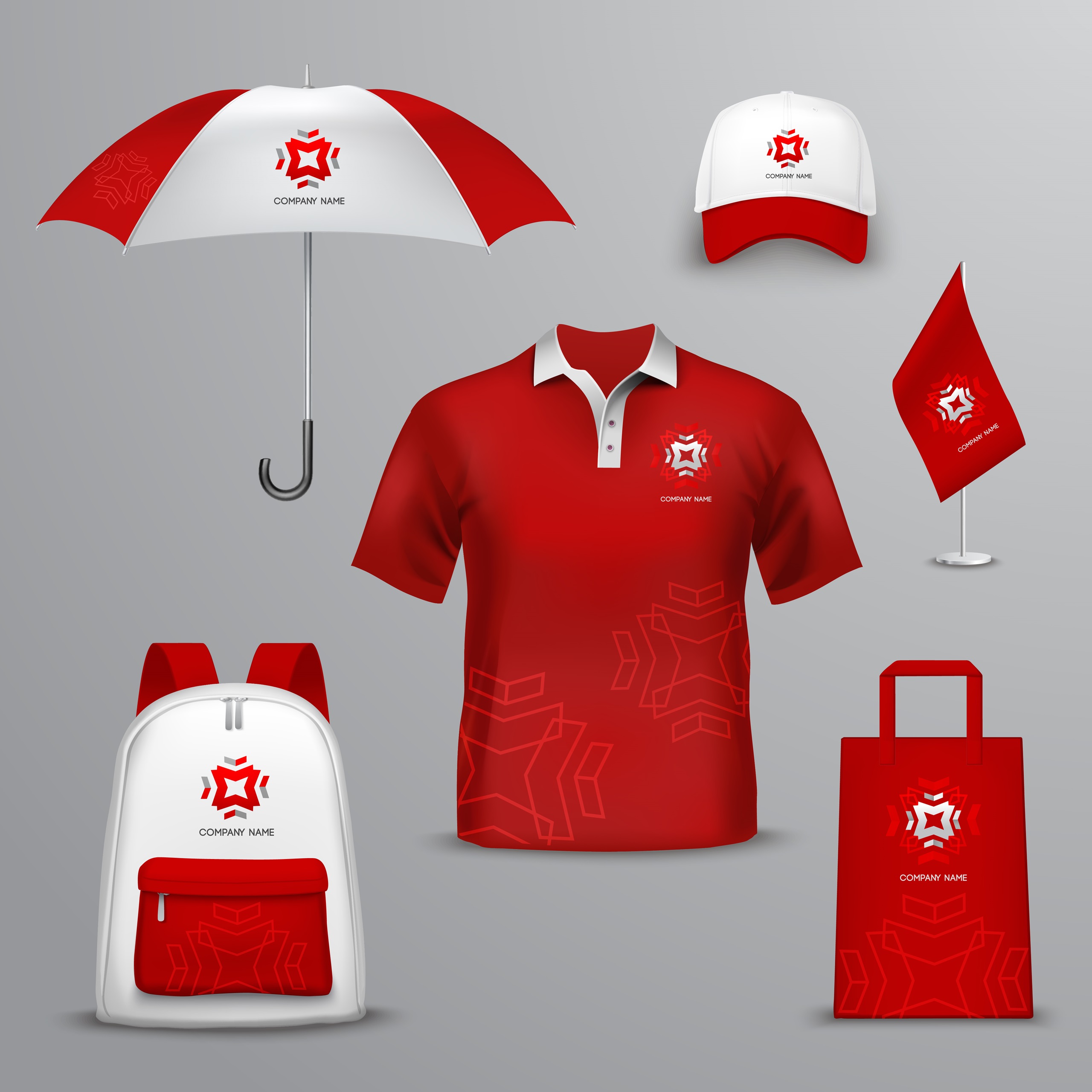 Promotional souvenirs  for company in red and white colors design icons set with elements of clothing and accessories isolated vector illustration